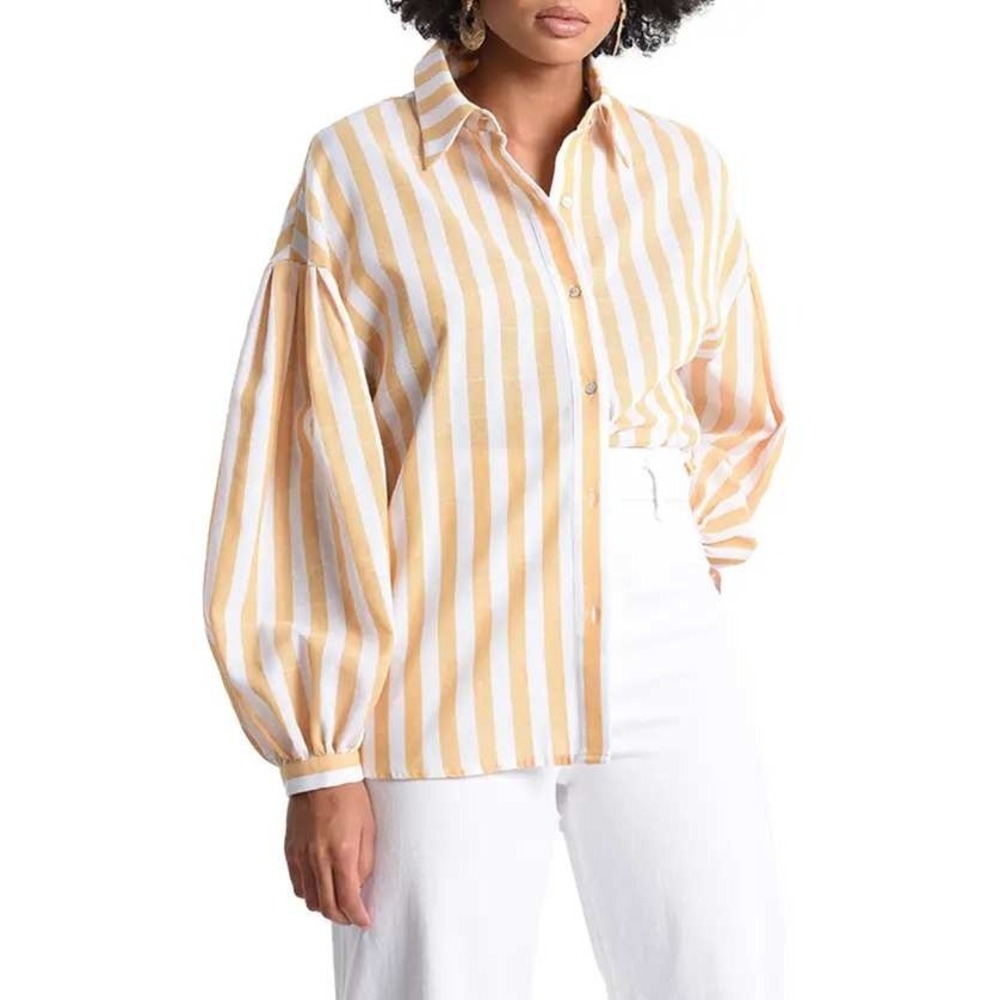 Molly‎ Bracken Mustard Striped Button Down Blouse Puff Sleeve Cotton Blend